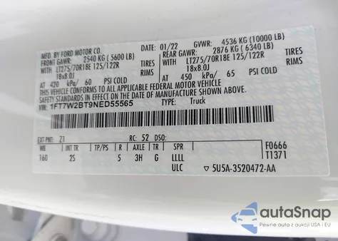 2022 Ford F-250 Xlt из США, поврежденный, VIN 1FT7W2BT9NED55565